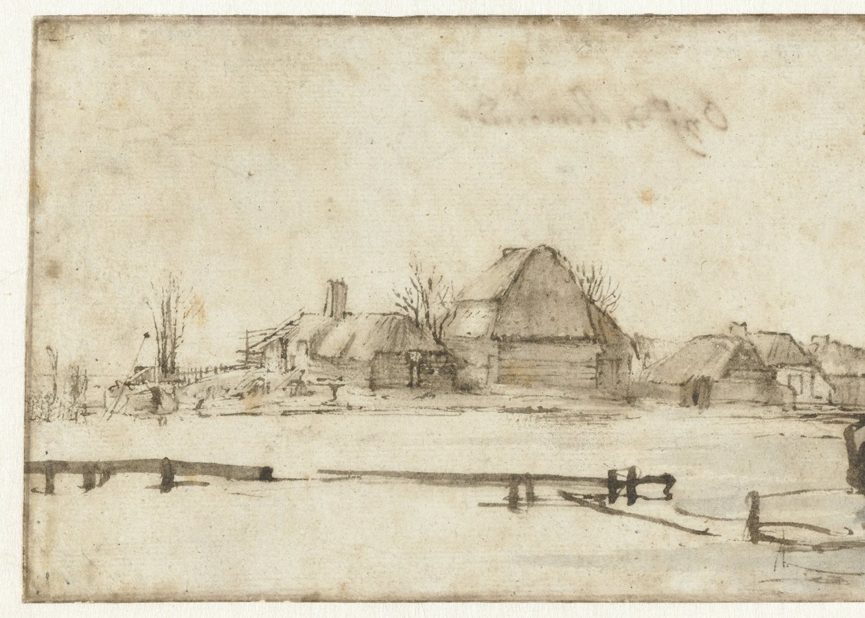 Zimowy widok z drogą wodną, domkami i dwiema łodziami autorstwa Rembrandt van Rijn