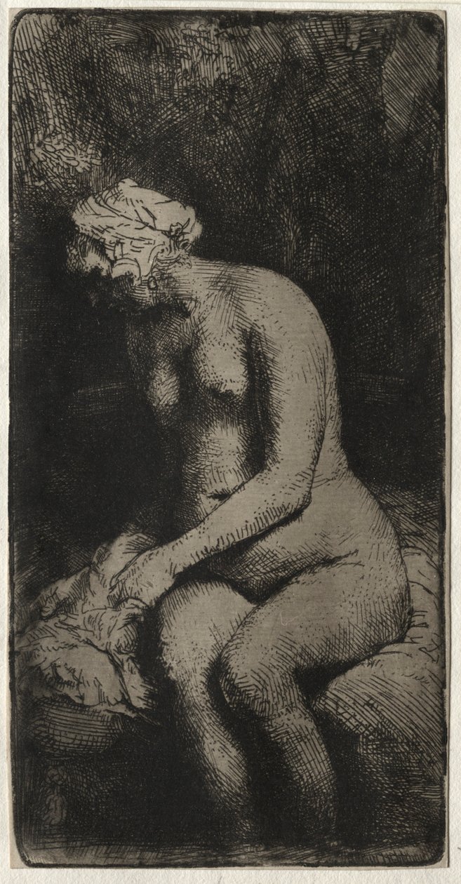Kobieta kąpiąca stopy w potoku, 1658. autorstwa Rembrandt van Rijn