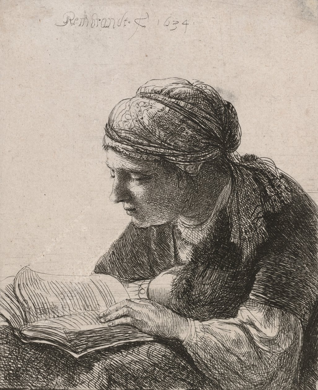 Kobieta czytająca, 1634. autorstwa Rembrandt van Rijn