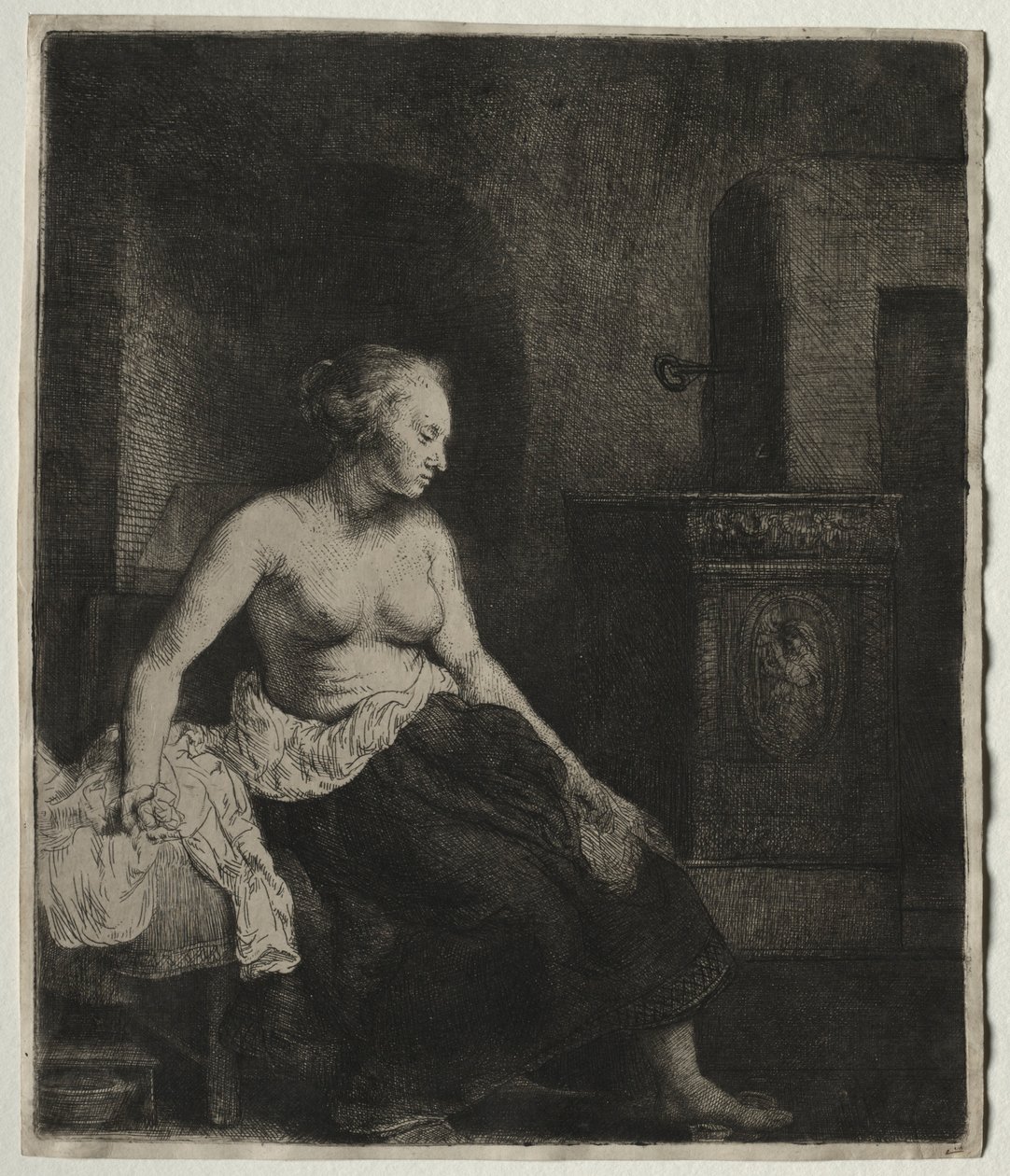 Kobieta siedząca do połowy ubrana przy piecu, 1658. autorstwa Rembrandt van Rijn