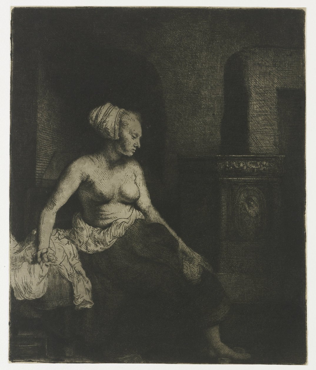 Kobieta siedząca na wpół ubrana obok pieca Kobieta siedzi na wpół ubrana obok pieca autorstwa Rembrandt van Rijn
