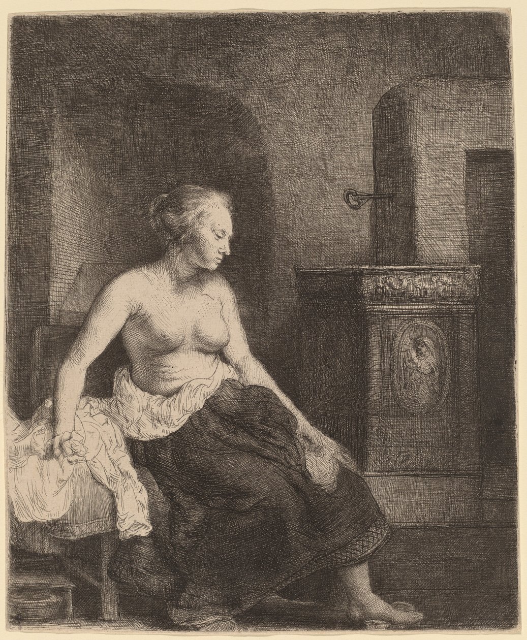 Kobieta siedząca na wpół ubrana obok pieca autorstwa Rembrandt van Rijn