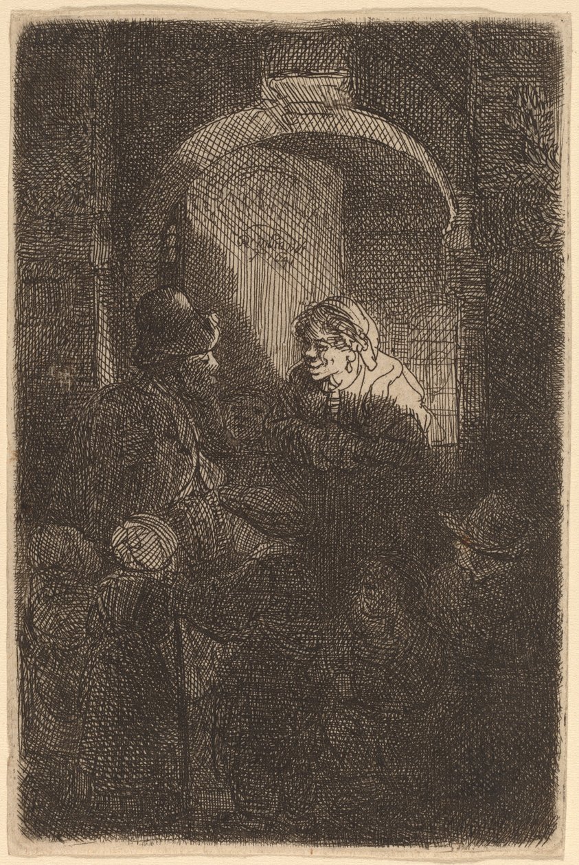 Kobieta przy włazie do drzwi rozmawia z mężczyzną i dziećmi (Nauczyciel) autorstwa Rembrandt van Rijn