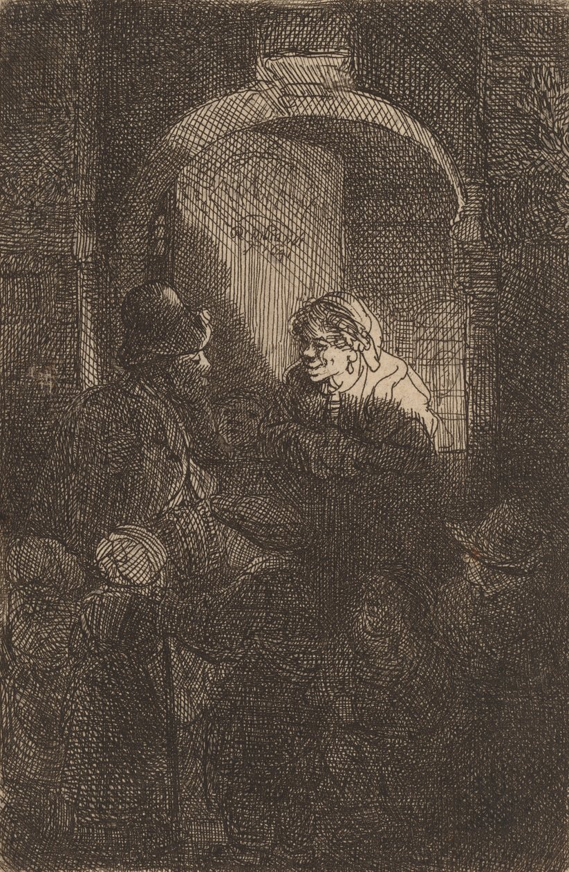Kobieta przy włazie do drzwi rozmawia z mężczyzną i dziećmi Nauczyciel, 1641. autorstwa Rembrandt van Rijn