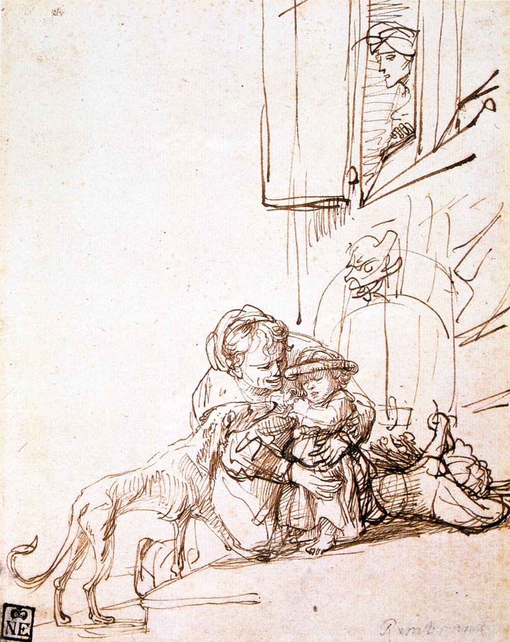 Kobieta z dzieckiem bojącym się psa, XVII w. autorstwa Rembrandt van Rijn