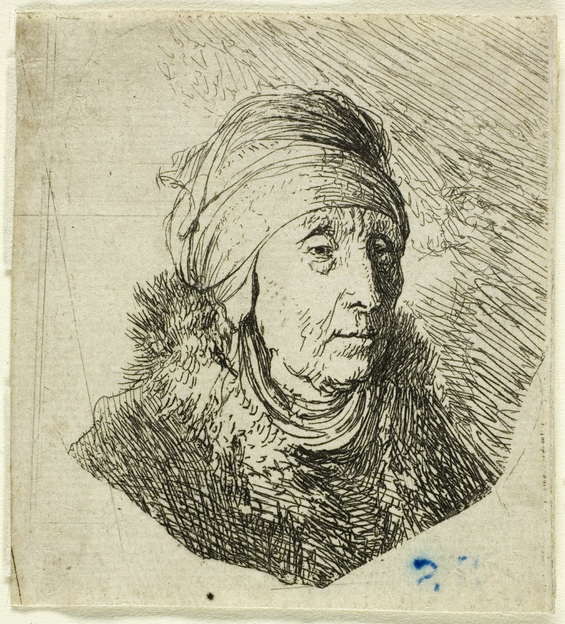 Kobieta z wysokim nakryciem głowy owiniętym wokół podbródka: biust autorstwa Rembrandt van Rijn