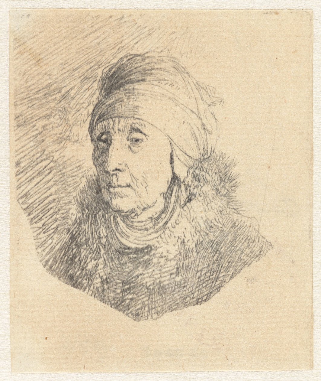 Kobieta w wysokim nakryciu głowy owiniętym wokół podbródka: popiersie autorstwa Rembrandt van Rijn