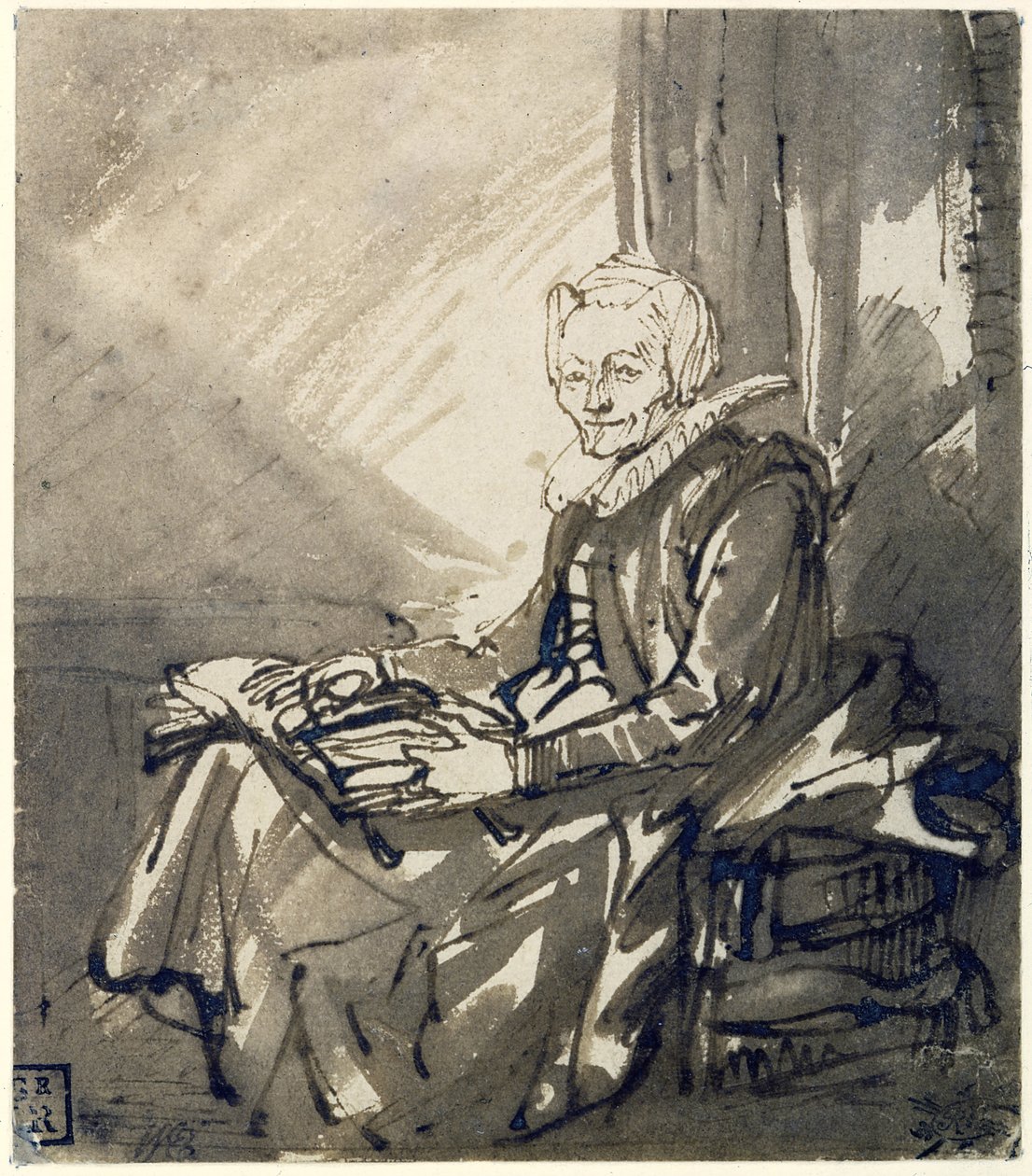 Kobieta z otwartą książką na kolanach, ok. 1639 autorstwa Rembrandt van Rijn