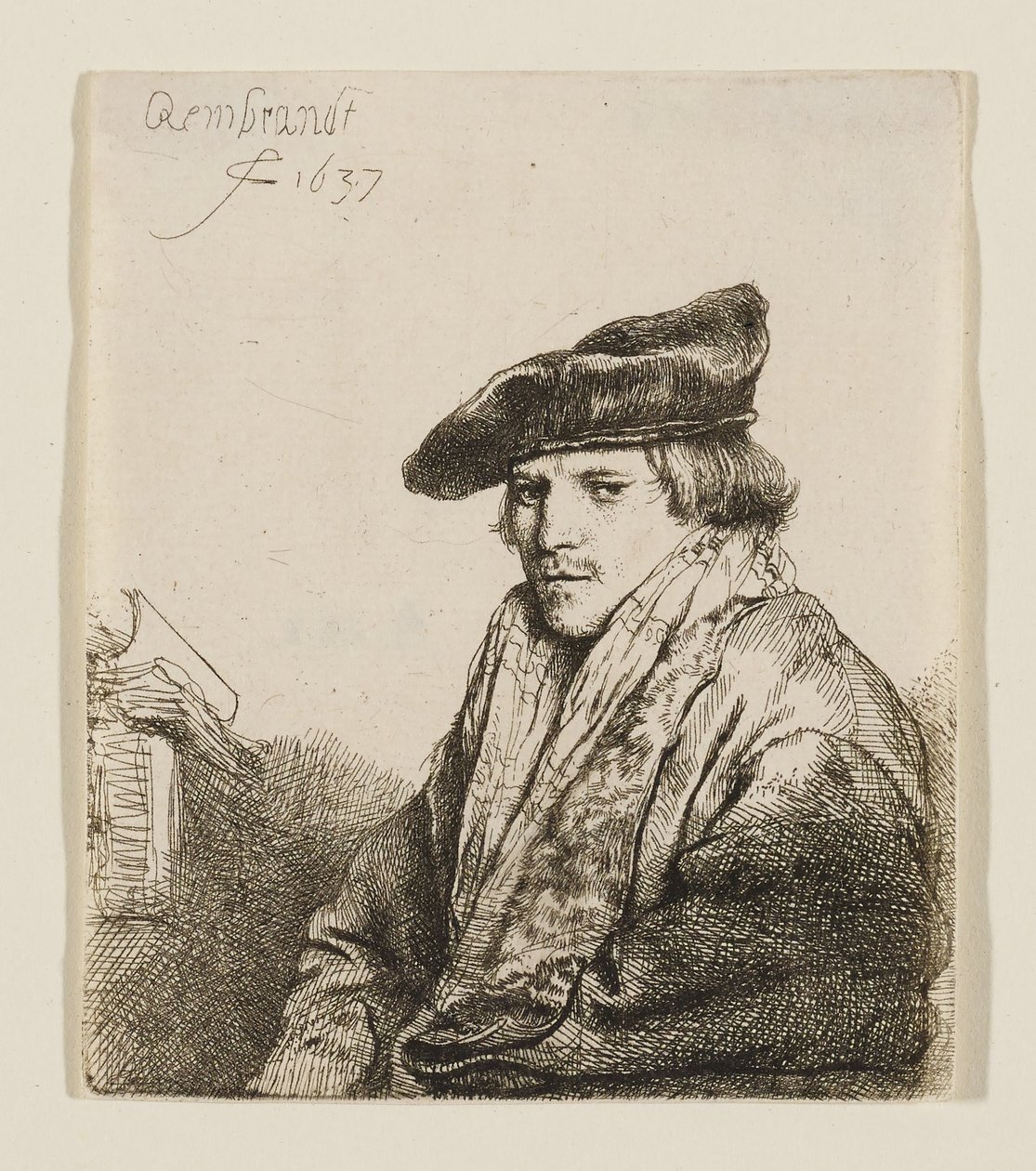 Młody mężczyzna w aksamitnej czapce z książkami obok siebie autorstwa Rembrandt van Rijn
