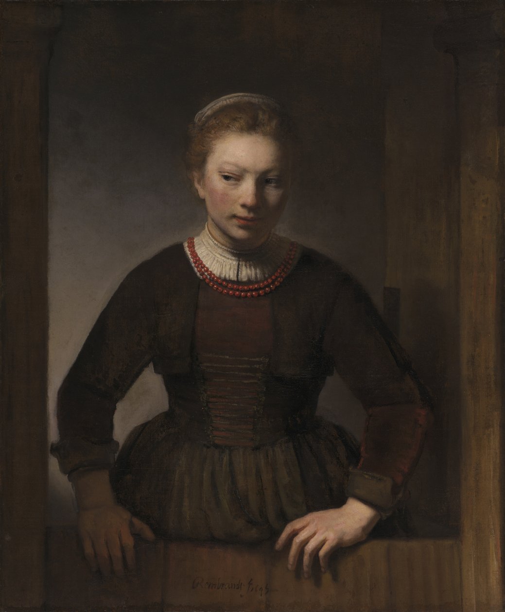 Młoda kobieta przy otwartych półdrzwiach, 1645 autorstwa Rembrandt van Rijn