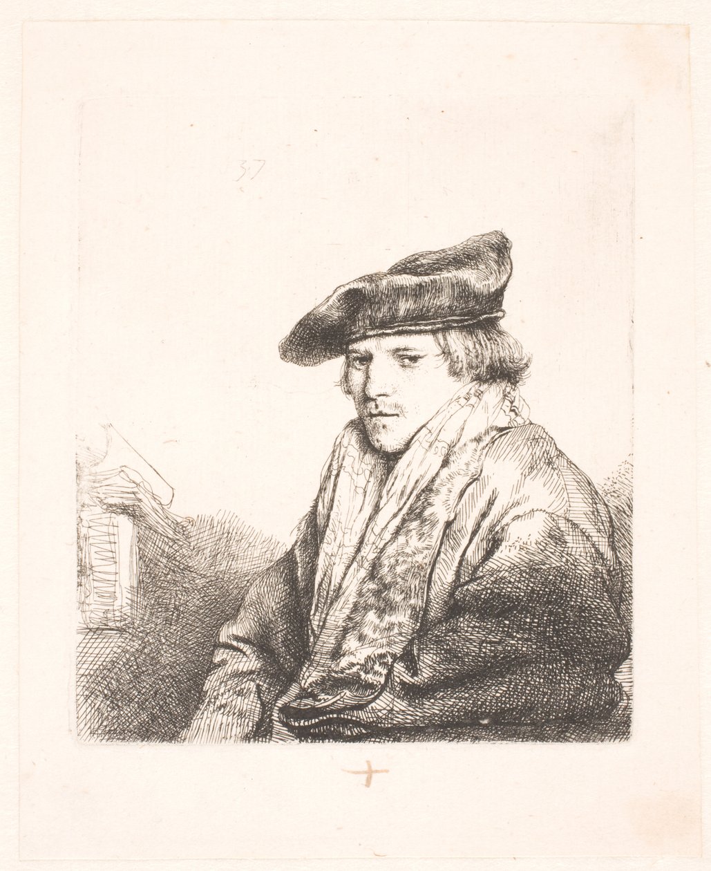 Młody mężczyzna w aksamitnej czapce z książkami obok niego autorstwa Rembrandt van Rijn
