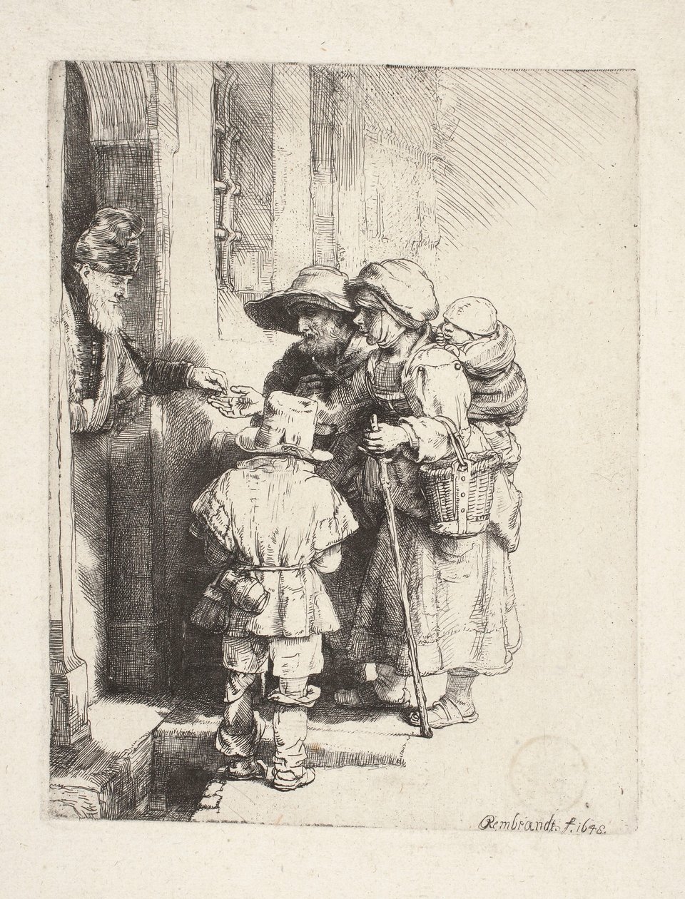 Żebracy otrzymujący jałmużnę w drzwiach autorstwa Rembrandt van Rijn