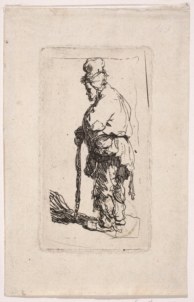 Żebrak wsparty na kiju, zwrócony w lewo autorstwa Rembrandt van Rijn