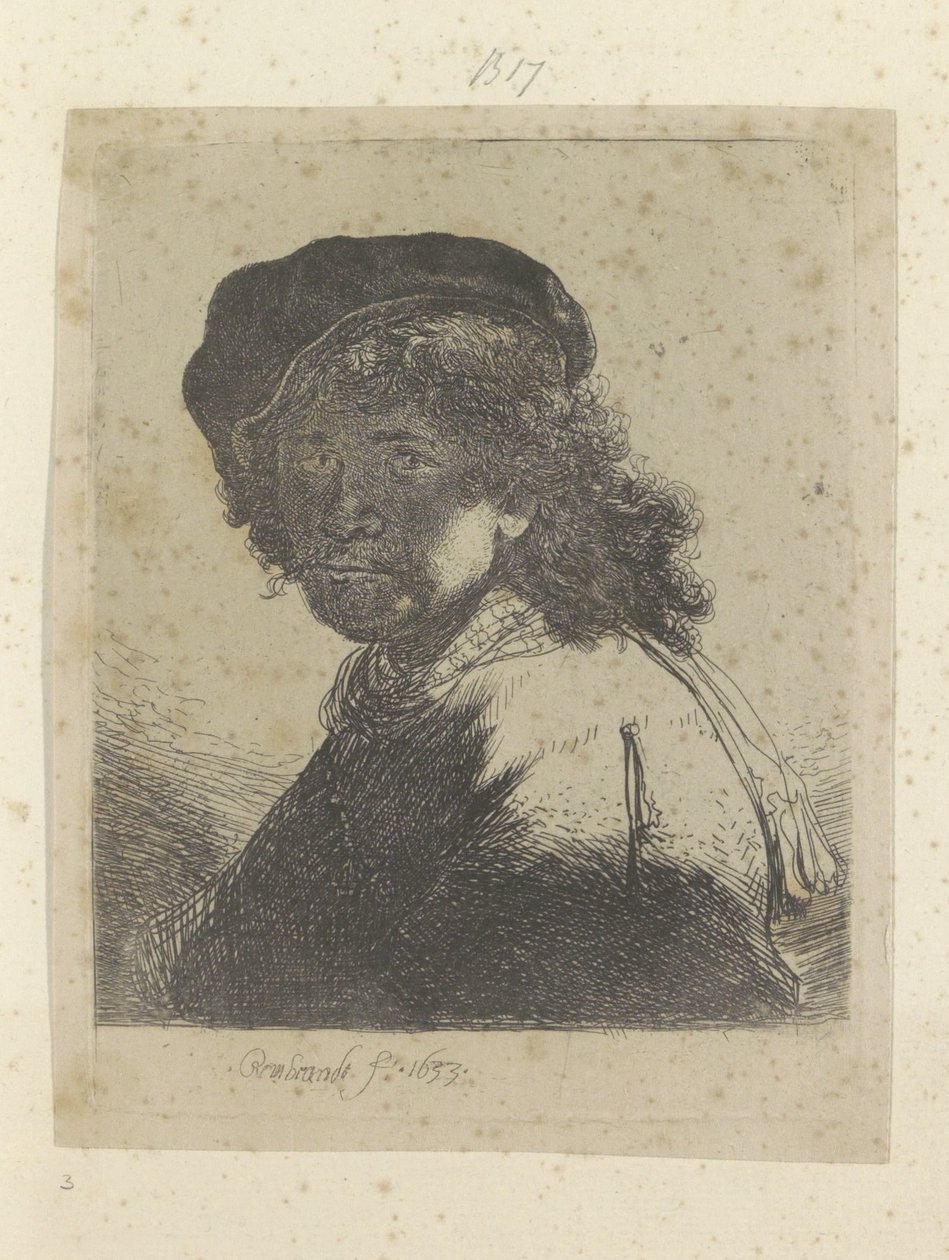 Autoportret z beretem i apaszką, twarz w cieniu Recueil de quatre-vingt-cinq estampes originales (tytuł serii) autorstwa Rembrandt van Rijn