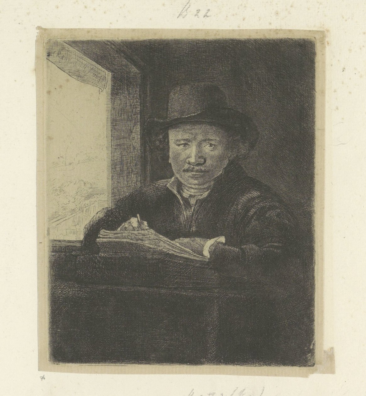 Autoportret, rysowanie w oknie Recueil de quatre-vingt-cinq estampes originales (tytuł serii) autorstwa Rembrandt van Rijn