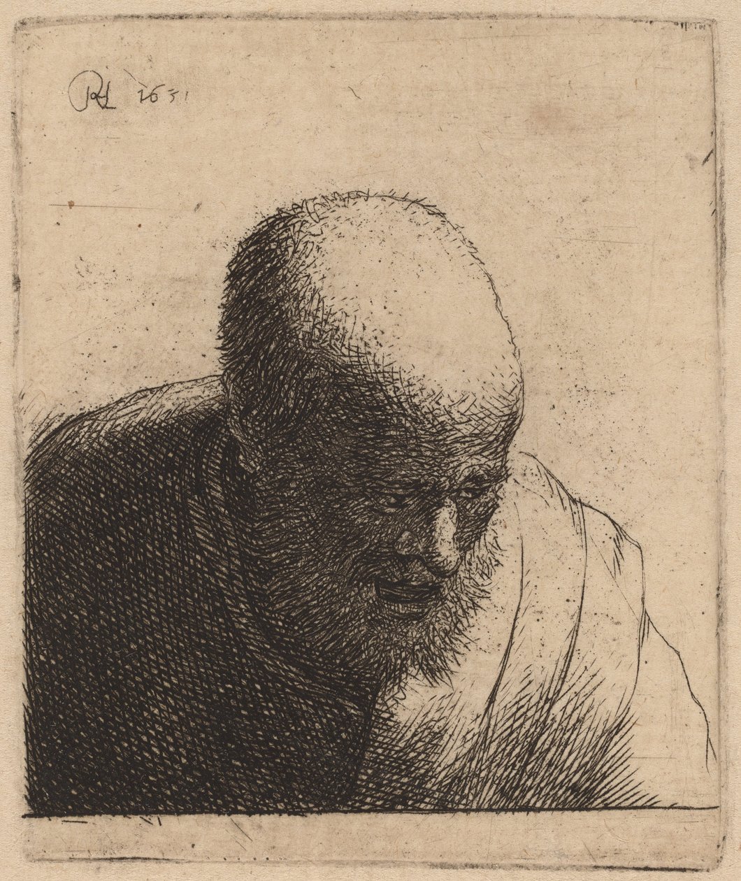 Łysy mężczyzna z otwartymi ustami, patrzący w dół autorstwa Rembrandt van Rijn and Studio of Rembrandt