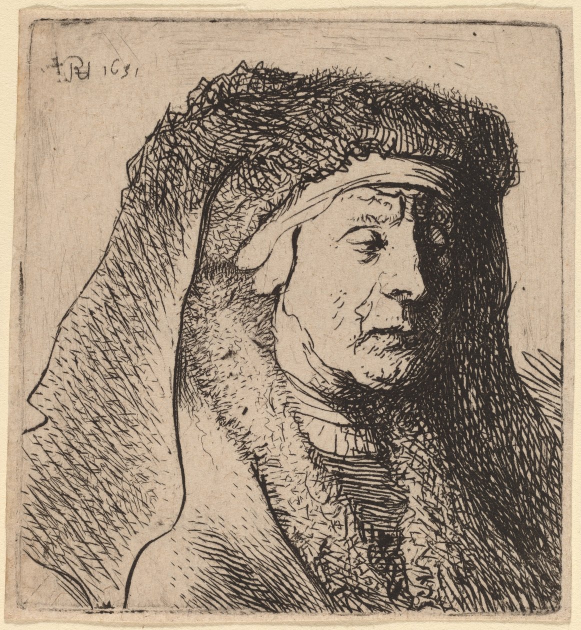 Popiersie staruszki w futrzanym płaszczu i ciężkim nakryciu głowy autorstwa Rembrandt van Rijn and Studio of Rembrandt