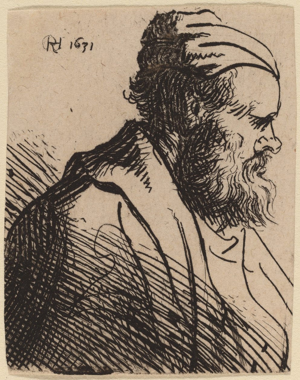 Mężczyzna z zadartym nosem w czapce autorstwa Rembrandt van Rijn and Studio of Rembrandt