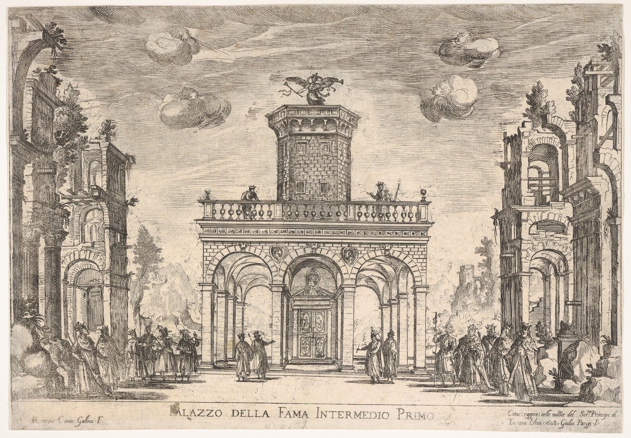 Interludium pierwsze: pałac sławy Pośrednie szóste: pałac sławy, z serii S..., 1608. autorstwa Remigio Cantagallina