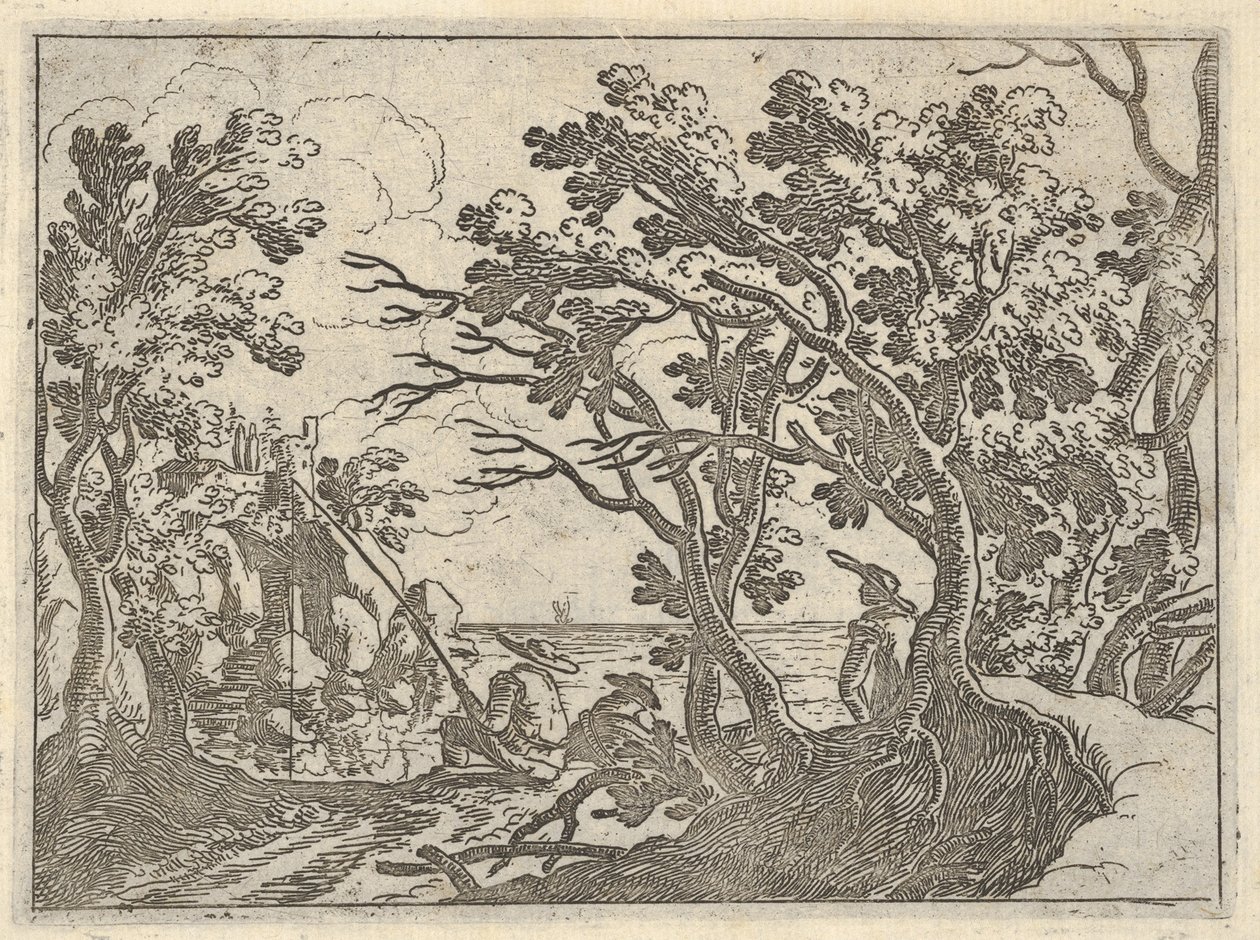 Krajobraz z rybakiem na lądzie i widzem mężczyzny pod drzewami, mężczyzna w dziobie łodzi..., ca. 1620-50. autorstwa Remigio Cantagallina