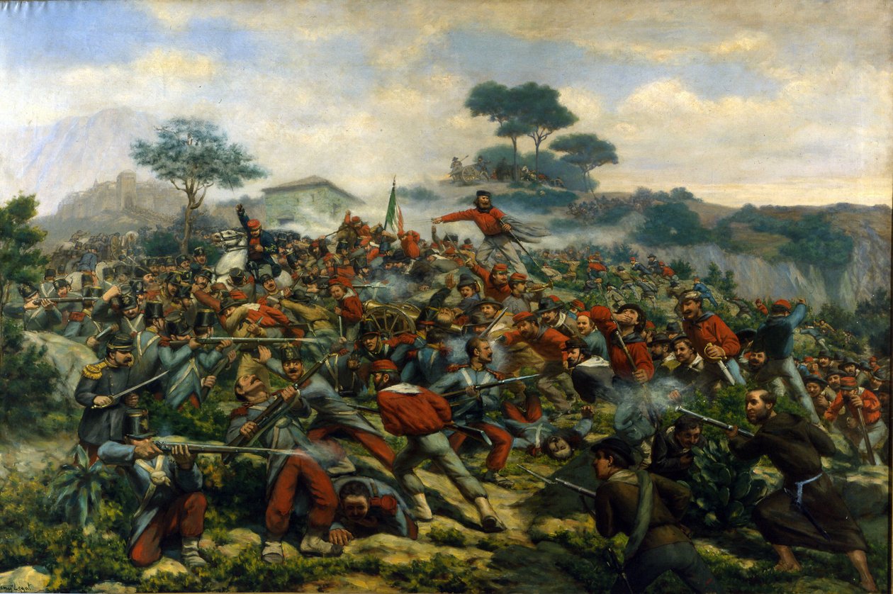 Risorgimento: bitwa pod Calatafimi na Sycylii między wojskami Giuseppe Garibaldiego (1807-1882), Tysiąca i armią Królestwa obu Sycylii autorstwa Remigio Legat