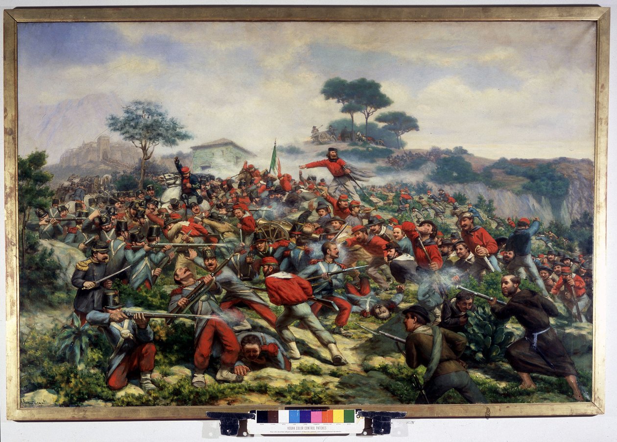Risorgimento: bitwa pod Calatafimi na Sycylii przeciw wojskom Giuseppe Garibaldiego (1807-1882), Tysiąc ma armię Królestwa obu Sycylii, 15/05/1860 Obraz Remigio Legata. Museo del Risorgimento. Mediolan autorstwa Remigio Legat