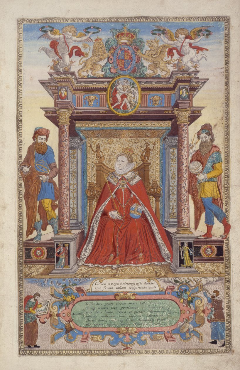 Frontspiece, z Atlas of England and Wales, Christopher Saxton (ur. 1542) 1590 (ręcznie kolorowane grawerowanie) autorstwa Remigius Hogenbergh