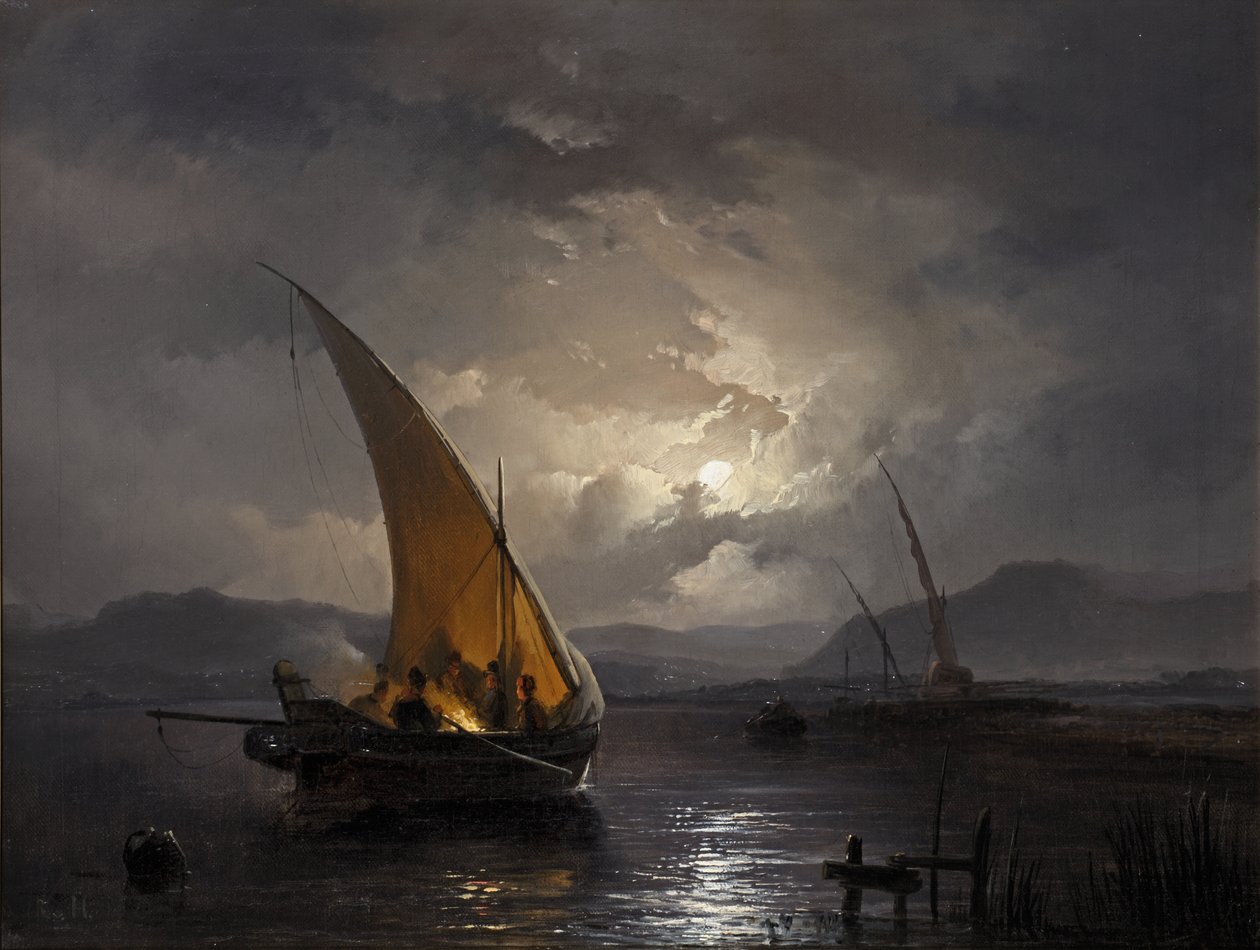 Nocny pejzaż z żaglówką na ognisku, po 1860 r. (olej na płótnie) autorstwa Remigius van Haanen
