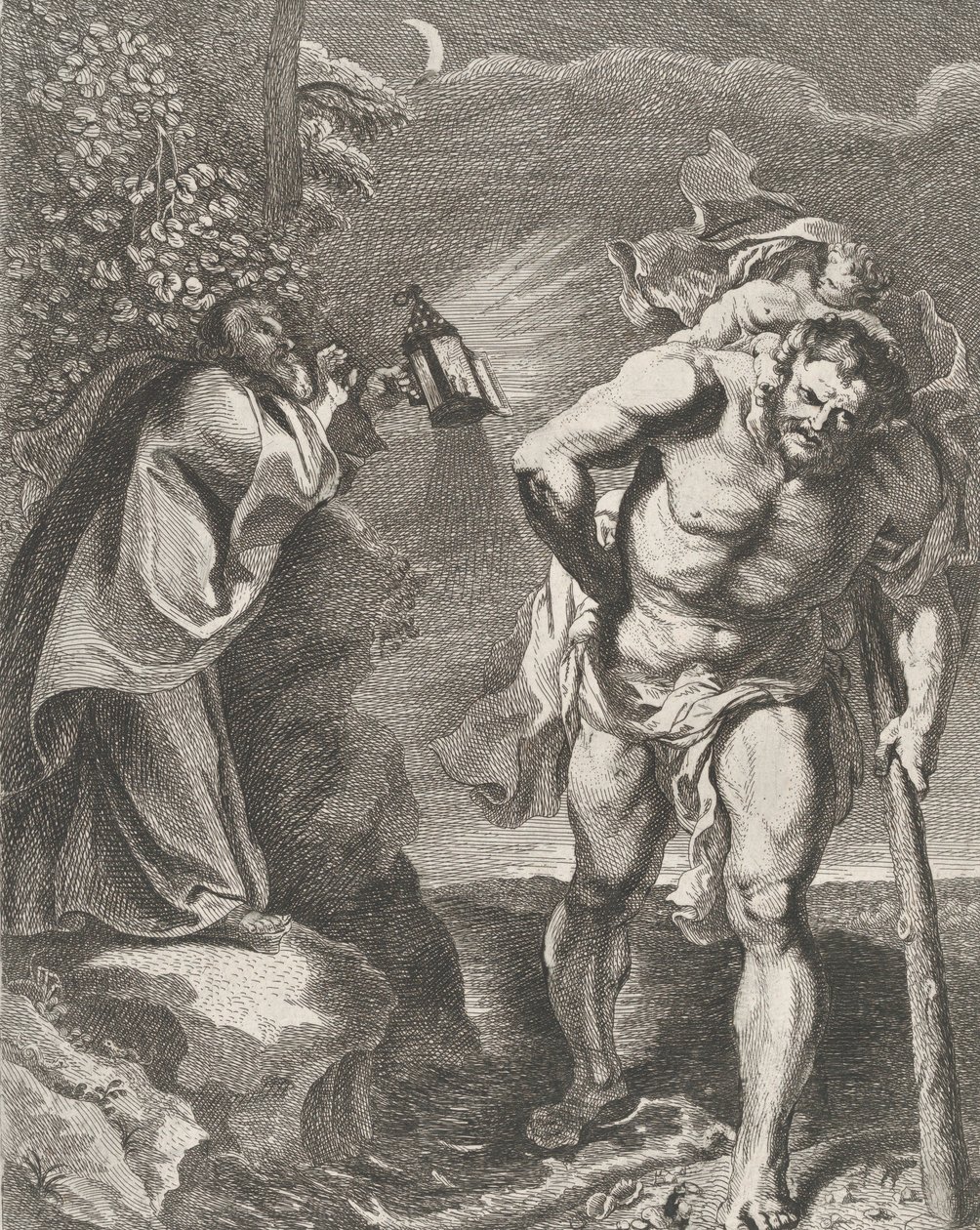 Św. Krzysztof niosący Dzieciątko Jezus przez strumień, inny mężczyzna trzymający ..., ca. 1636-80. autorstwa Remoldus Eynhoudts