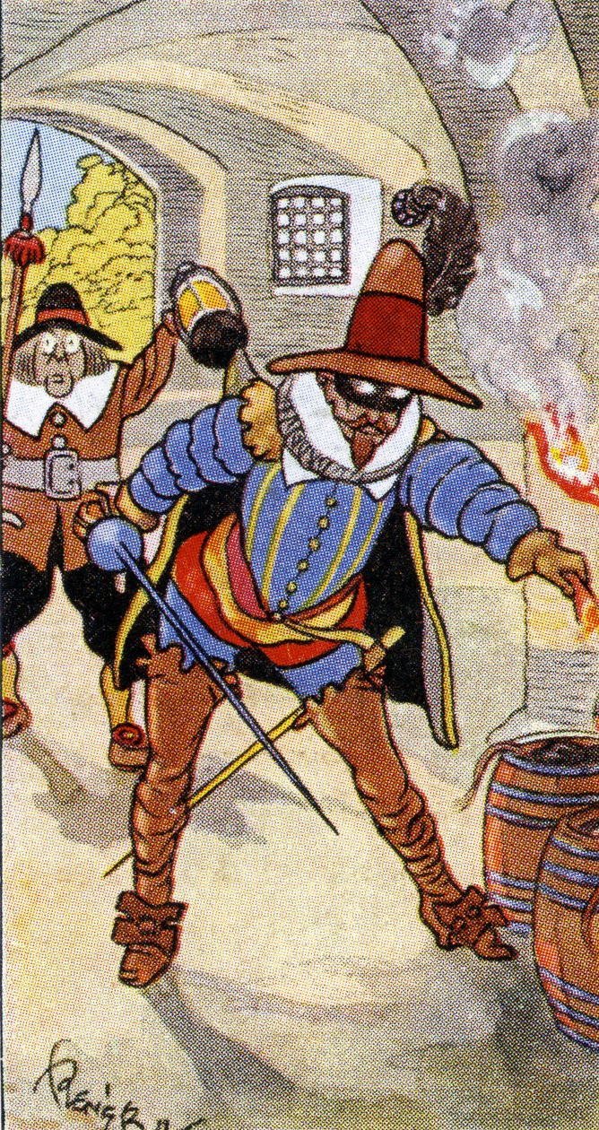 Odkrycie spisku prochowego i schwytanie Guya Fawkesa, 1936 autorstwa René Bull
