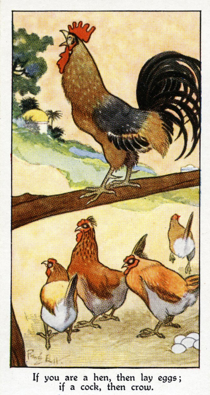 „Jeśli jesteś kurą, znieś jajka; jeśli kogut, to wrona”, 1931 (zob. też 498193) autorstwa René Bull