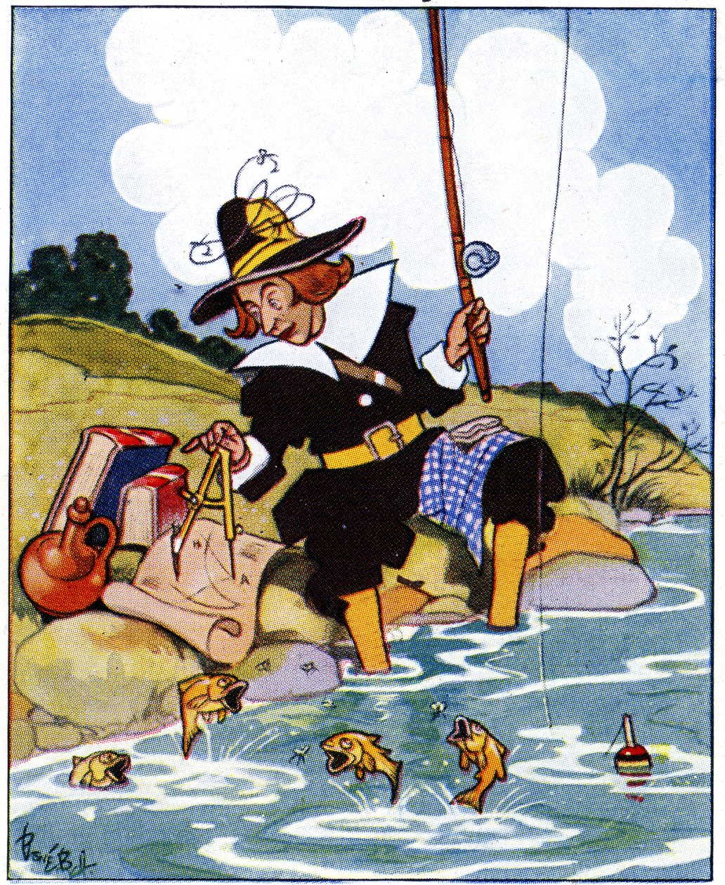 Izaak Walton studiuje kąty Euklidesa podczas łowienia ryb, 1936 autorstwa René Bull