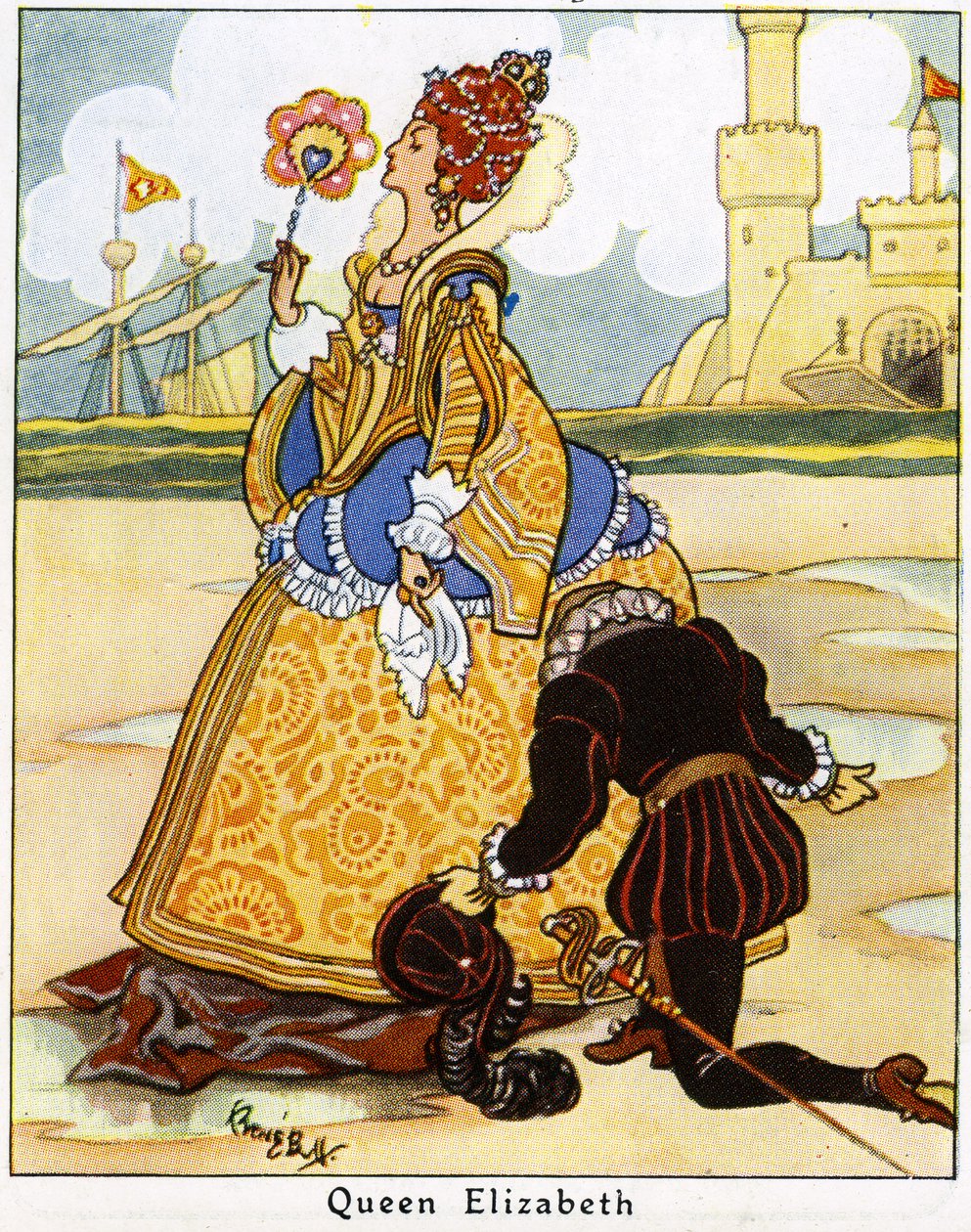 Sir Walter Raleigh składa płaszcz przed królową Elżbietą I, aby przejść przez kałużę, 1936 autorstwa René Bull
