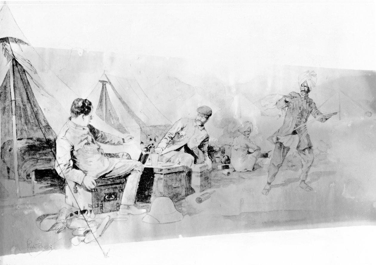 Niewygodne doświadczenie korespondentów wojennych, opublikowane w „Black und White”, styczeń 1898 (litografia) autorstwa René Bull