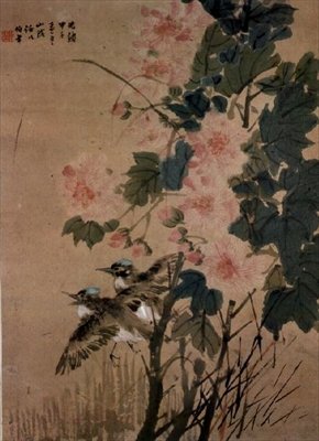 Ptaki na kwitnącym krzaku (atrament i toaleta na papierze) autorstwa Ren Yi 1840 96 Ren Yi 1840 96