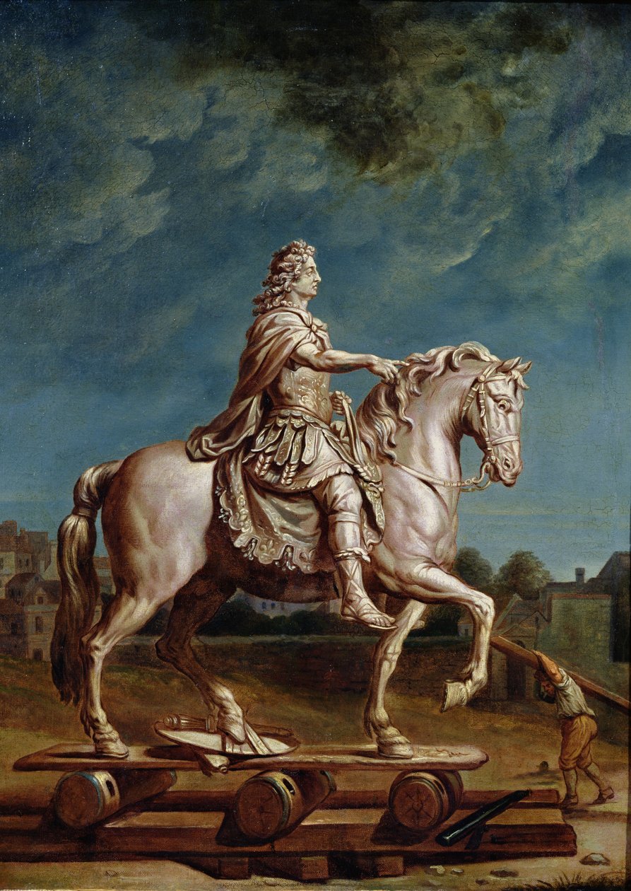 Wywiezienie posągu konnego Ludwika XIV z warsztatu przy klasztorze kapucynów w 1669, po 1669 autorstwa René Antoine Houasse