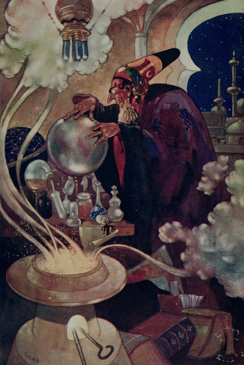 „Po długim i uważnym toku magicznych dociekań” z „Arabian Nights” (litografia kolorowa) autorstwa René Bull