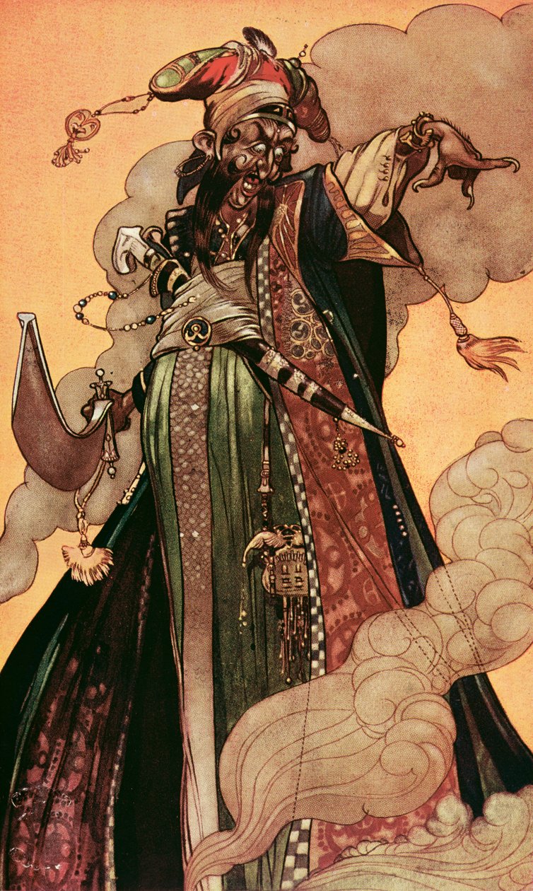 „Widział dżina o monstrualnej masie zbliżającego się do niego”, z „Arabian Nights” (kolor lito) autorstwa René Bull