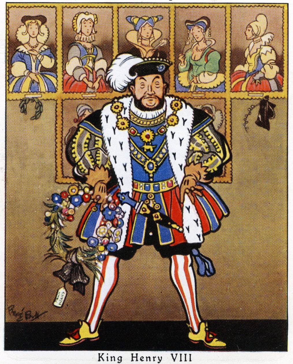Król Henryk VIII dekorujący portrety swoich żon ostrokrzewem, jemiołą i wieńcem na Boże Narodzenie, 1936 autorstwa René Bull
