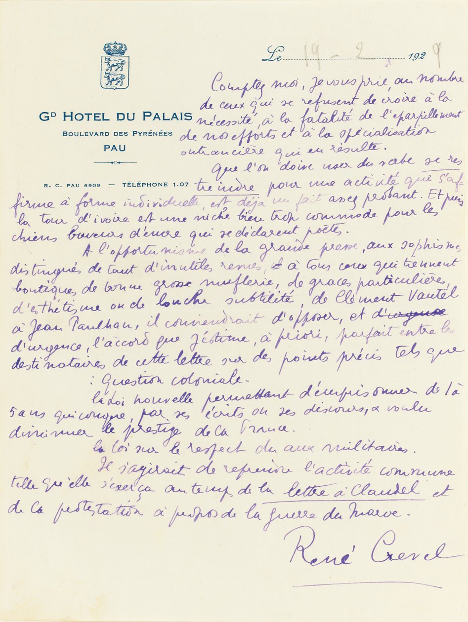 List z „Kompletnego dossier spotkania Bar du Chateau” autorstwa René Crevel