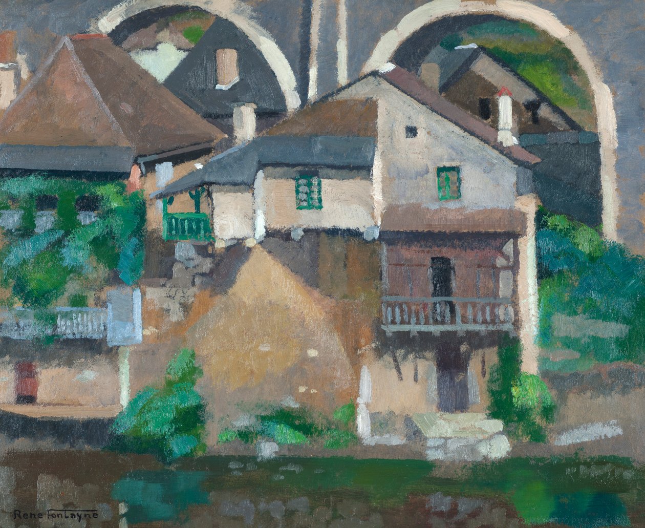 Domy na Vézère w Uzerche (olej na tekturze) autorstwa René Fontayne