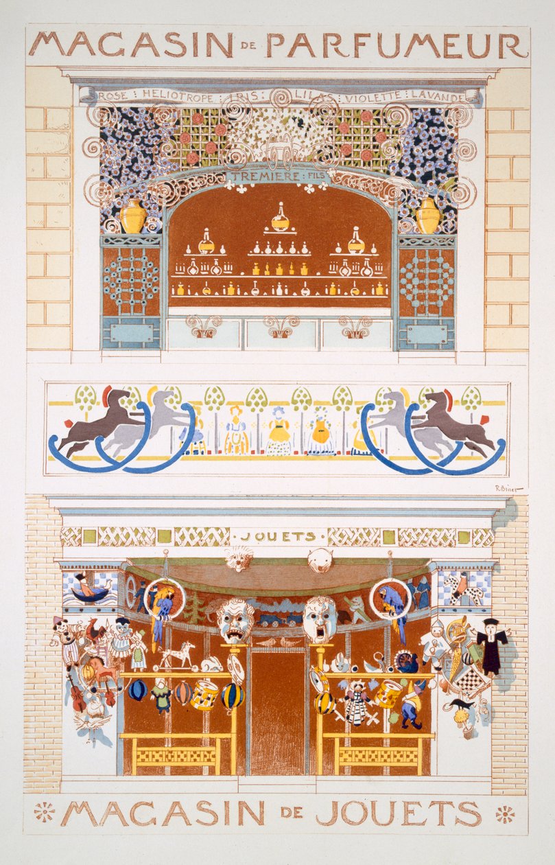 Dwa projekty frontowe: sklep z perfumami i sklep z zabawkami, ok. 1880-95 autorstwa Rene Binet