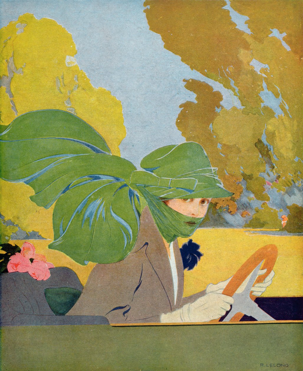 Marthe Chenal za kierownicą swojego samochodu, ilustracja z magazynu „Femina”, sierpień 1919 r. autorstwa Rene Lelong