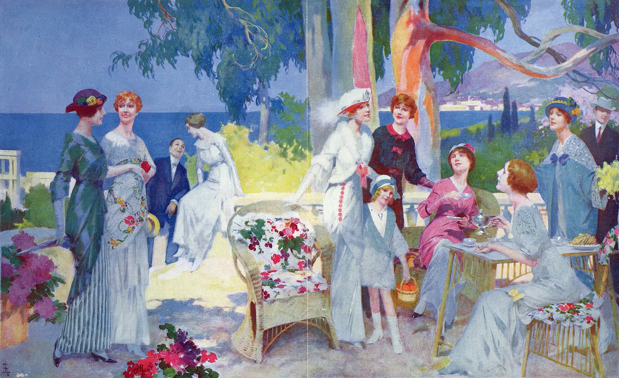 Herbatka w ogrodzie na Riwierze Francuskiej, ilustracja z „La Vie Heureuse”, marzec 1913 autorstwa Rene Lelong