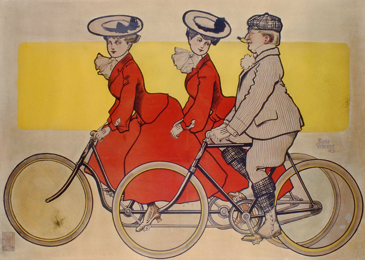 Mężczyzna na rowerze i kobiety na tandemie, 1905 (kolorowe grawerowanie) autorstwa Rene Vincent