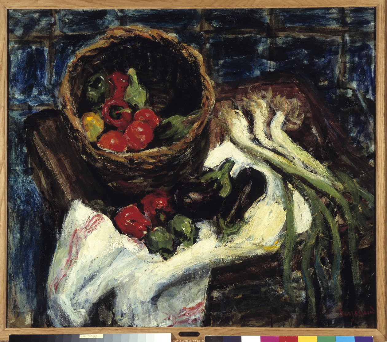 Martwa natura w koszyku warzyw, papryce, bakłażanie i porach (olej na płótnie) autorstwa Rene Auguste Seyssaud