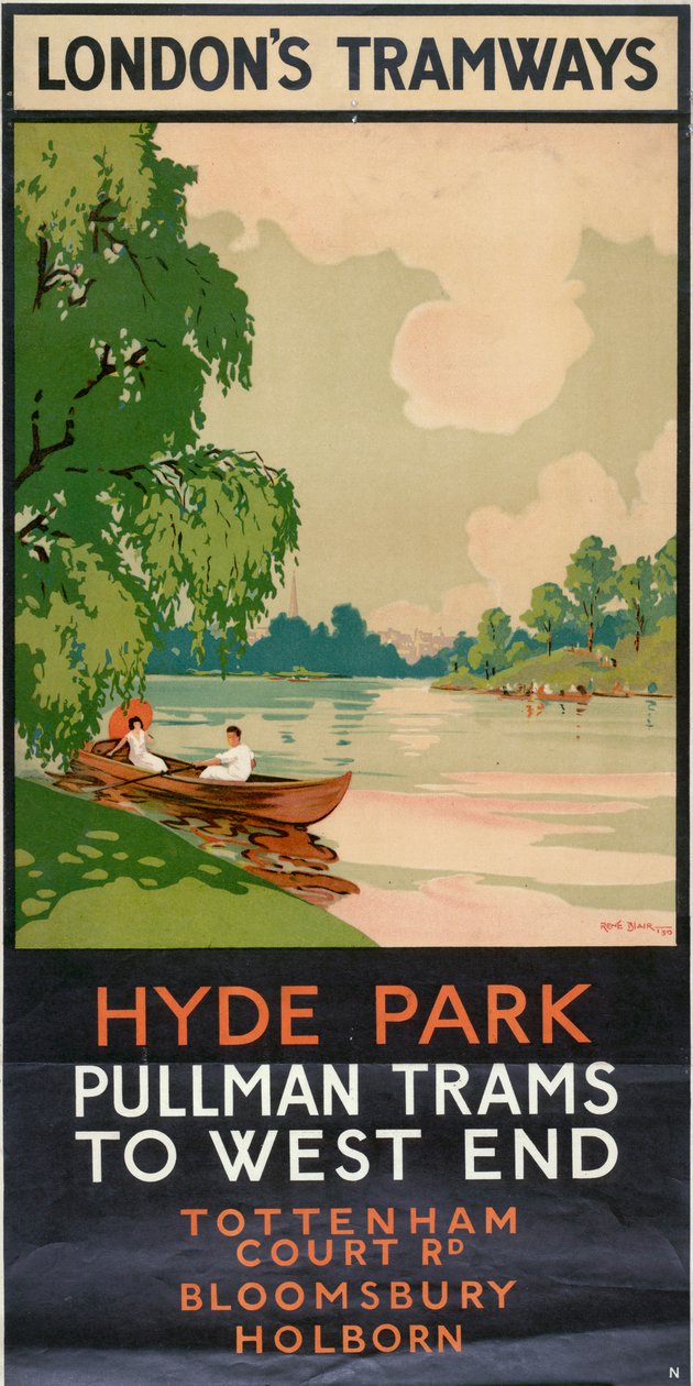 „Hyde Park, Pullman Trams to West End”, plakat London County Council LCC Tramways, 1930 autorstwa Rene Blair