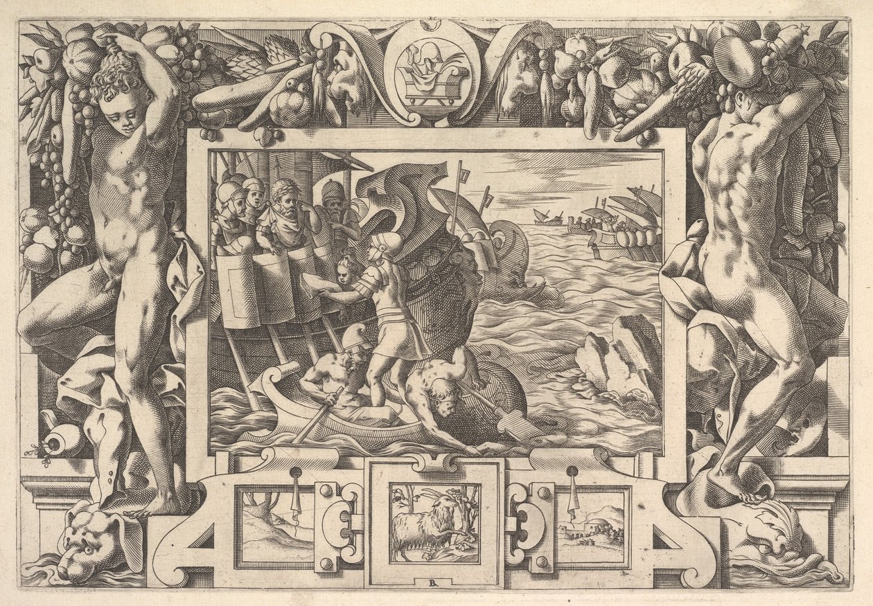 Aeëtes zbiera kończyny Absyrtów Podczas gdy on podnosi kończyny, Grecy robią d..., 1563. autorstwa Rene Boyvin