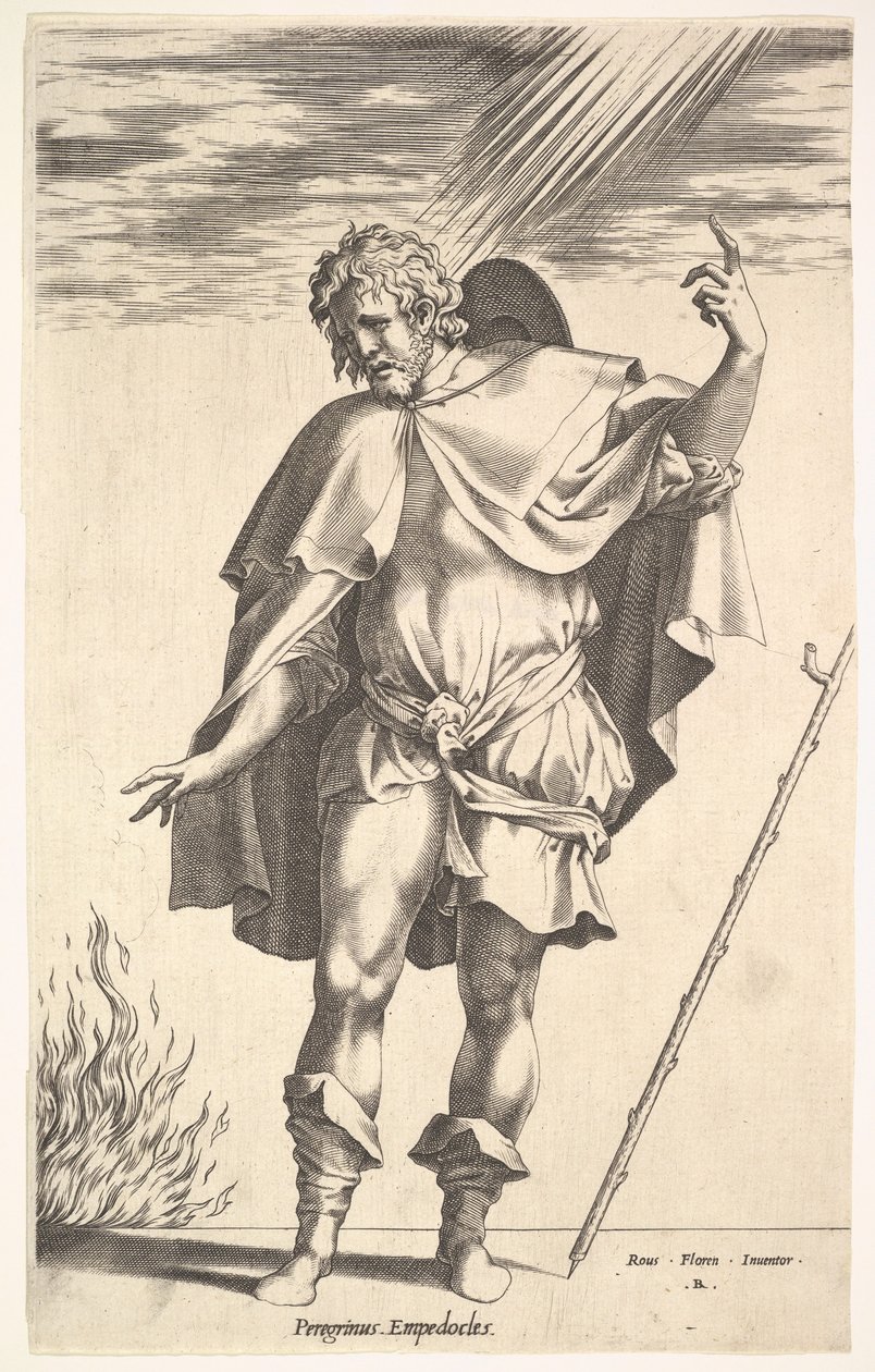 Empedokles, stojąc frontalnie z głową zwróconą w trzech czwartych, kieruje..., ok. godz. 1545-63. autorstwa Rene Boyvin