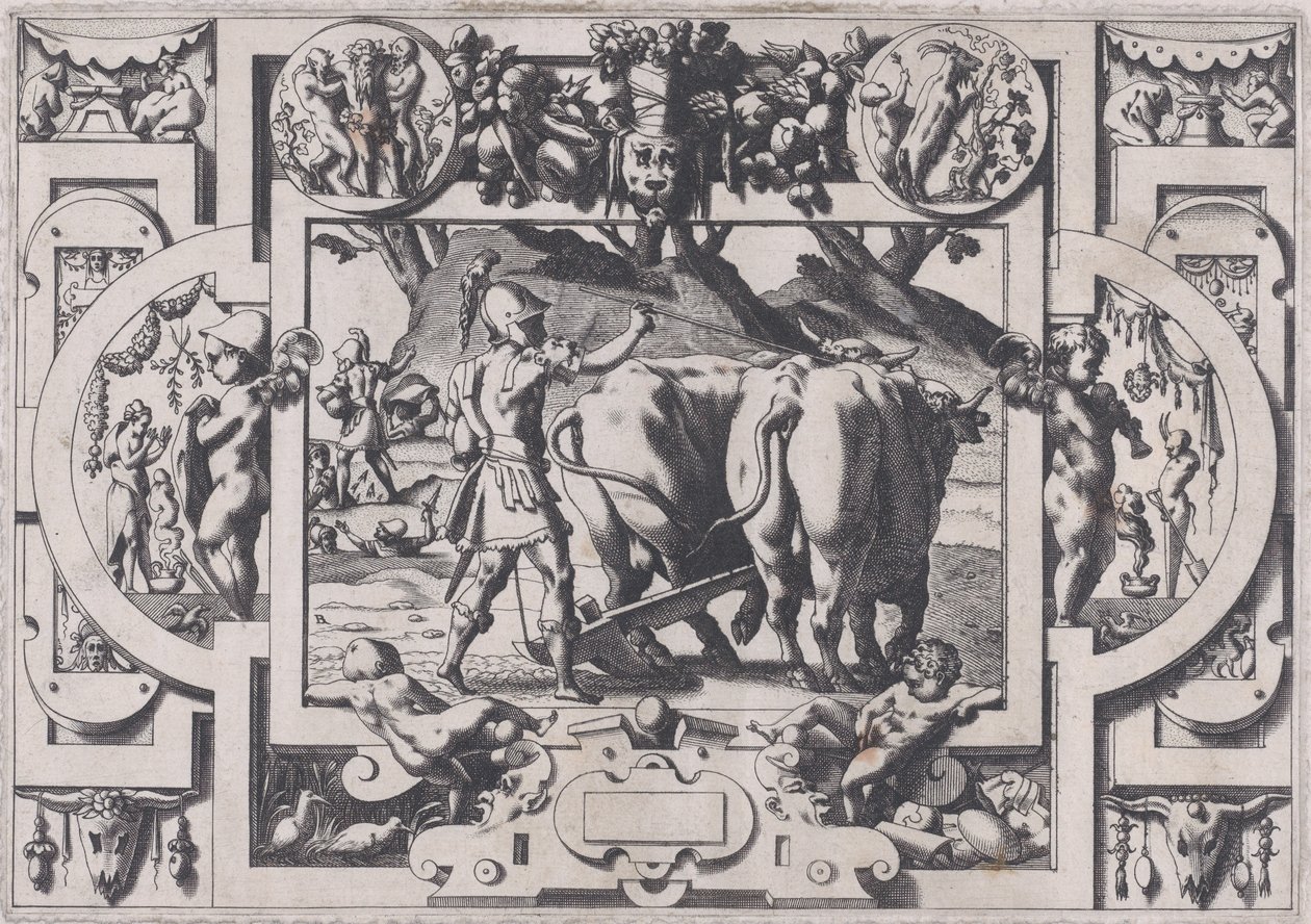 Jason sieje zęby smoka Jason oswaja je, kajdany i ora ich p..., 1563. autorstwa Rene Boyvin